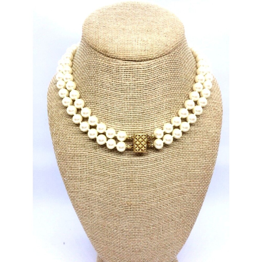 Vintage Glass Pearl Necklace Double Strand Cream 8mm Beaded Gold Clasp